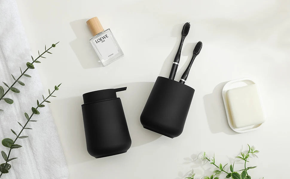 Bathroom Accessory Set - 2-Piece Soap Dispenser and Cup for Bathroom Vanity Decor in Matte Black - Problems Solved