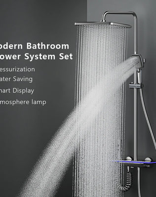 Problems Solved bathroom smart shower system set with rainfall showerhead, digital display, temperature mixer, and atmosphere lamp.