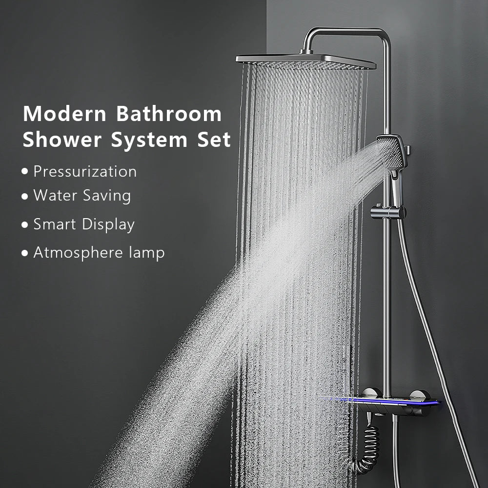 Problems Solved bathroom smart shower system set with rainfall showerhead, digital display, temperature mixer, and atmosphere lamp.