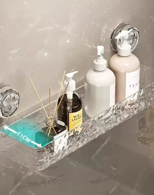 Large bathroom suction cup wall-mounted storage rack with shower gel basket and cosmetics holder, in white plastic.