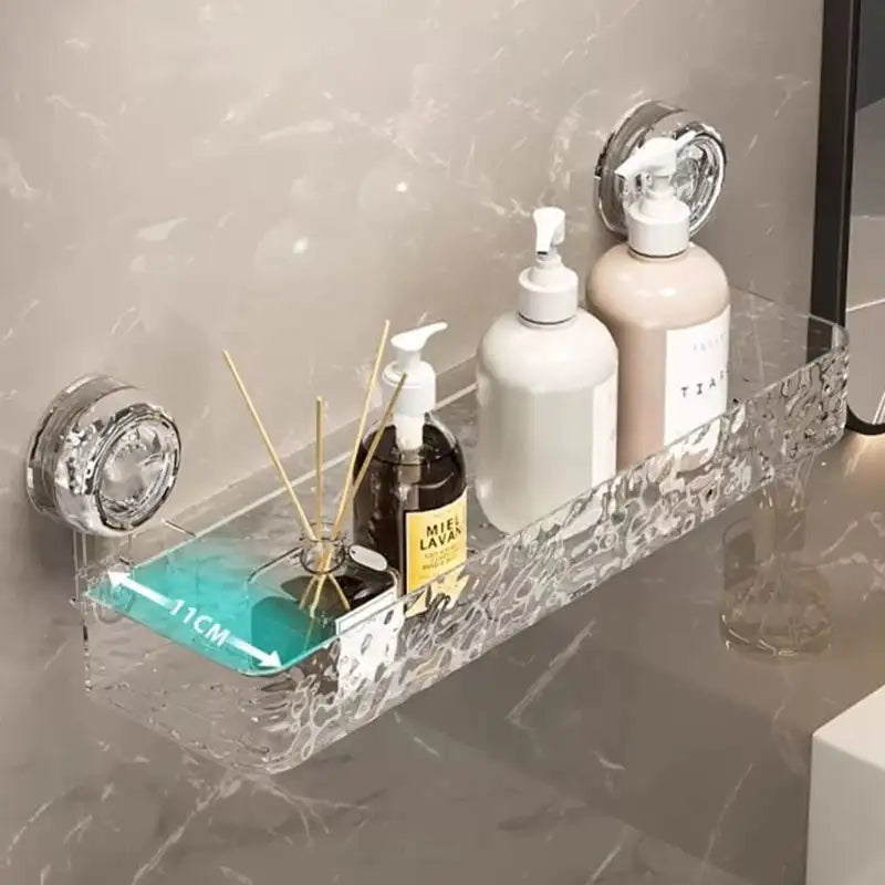 Large bathroom suction cup wall-mounted storage rack with shower gel basket and cosmetics holder, in white plastic.
