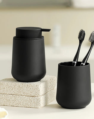 Bathroom Accessory Set - 2-Piece Soap Dispenser and Cup for Bathroom Vanity Decor in Matte Black - Problems Solved