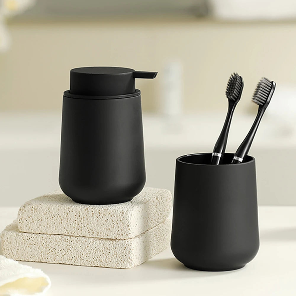 Bathroom Accessory Set - 2-Piece Soap Dispenser and Cup for Bathroom Vanity Decor in Matte Black - Problems Solved