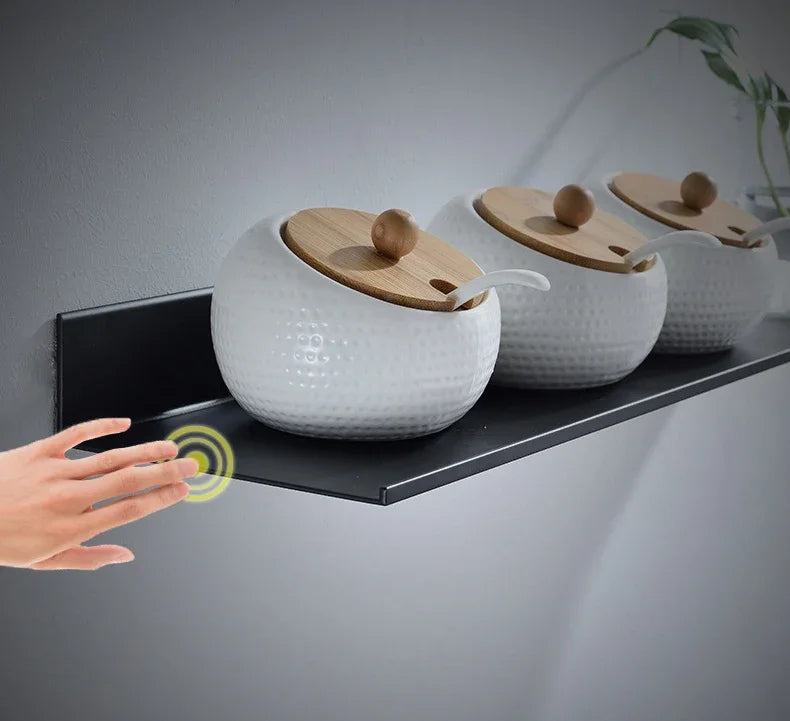 Bath Storage Rack Wall Shelves Floating Matt Black Bathroom Kitchen Mirror Metal Shower Organizer Home Accessories No Drill - Problems Solved