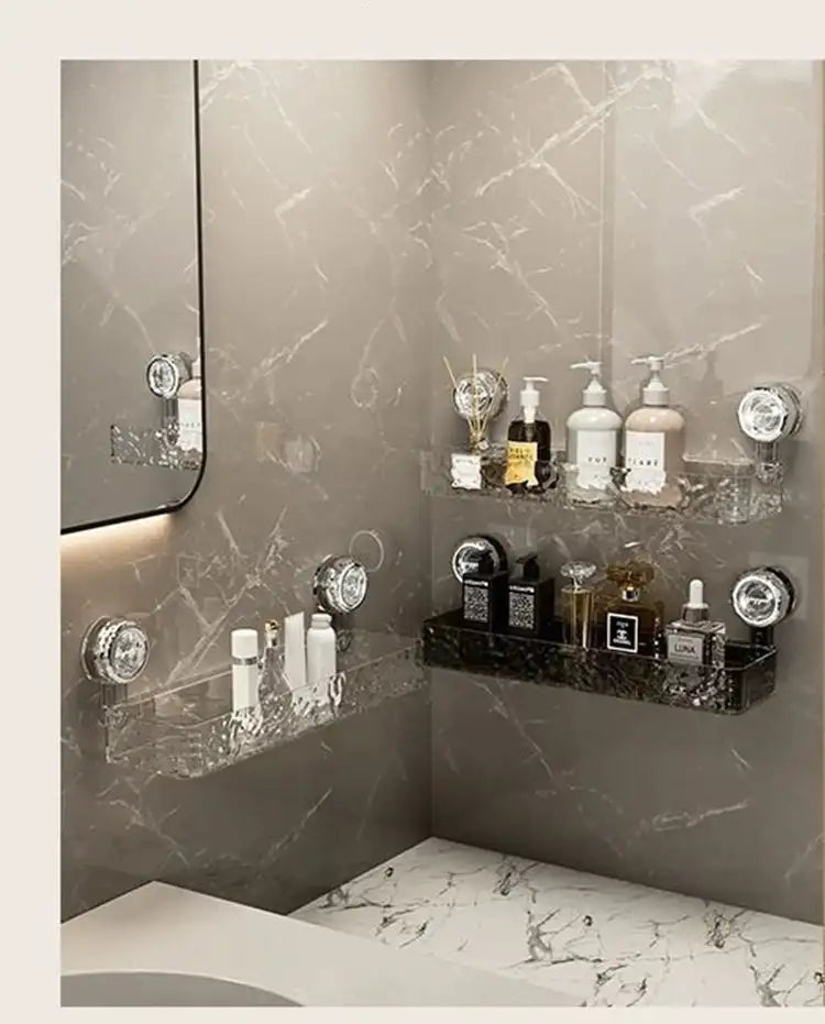 Large bathroom suction cup wall-mounted storage rack with hanging basket for shower gel and bathroom cosmetics, by Problems Solved.