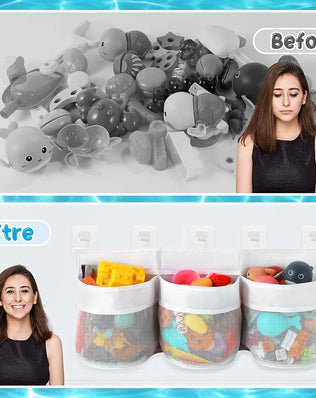 Bathroom Kids Toy Storage Bag - Multi-Compartment Wall Hanging Organizer with Drainage Holes, Large Capacity & Anti-Mold Mesh - Problems Solved
