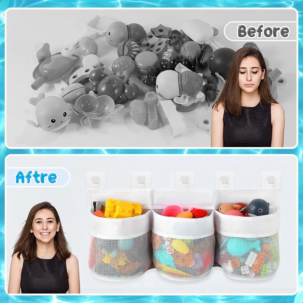Bathroom Kids Toy Storage Bag - Multi-Compartment Wall Hanging Organizer with Drainage Holes, Large Capacity & Anti-Mold Mesh - Problems Solved
