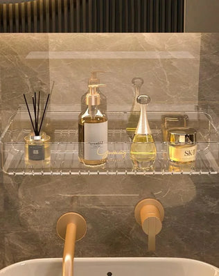 Bathroom White Shelf Rack Wall-mounted Washbasin No-punch Washroom Wall Mounted Cosmetic Storage Transparent Shelf Organiser - Problems Solved