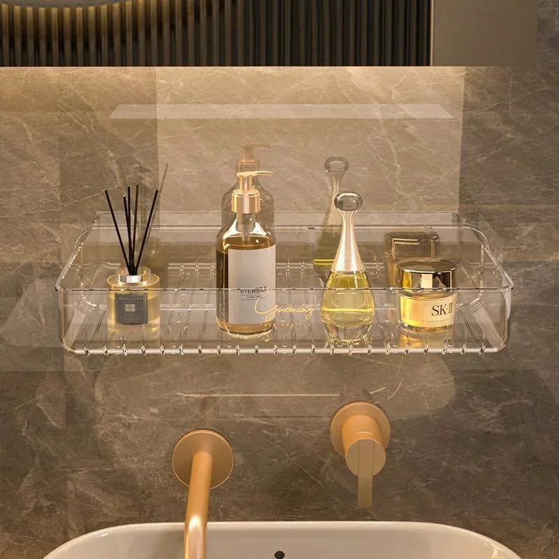 Bathroom White Shelf Rack Wall-mounted Washbasin No-punch Washroom Wall Mounted Cosmetic Storage Transparent Shelf Organiser - Problems Solved