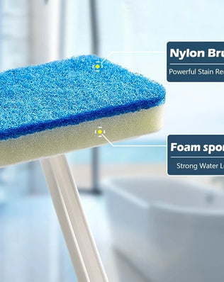 Multi-functional bathroom cleaning sponge brush with long handle by Problems Solved, ideal for scrubbing sinks, tubs, and tiles.