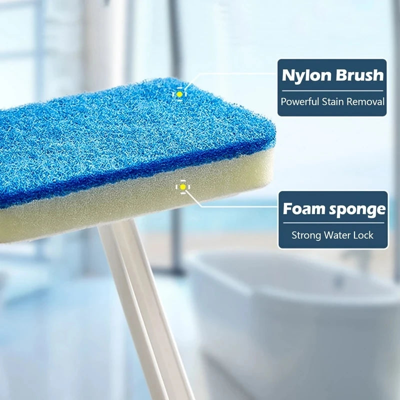 Multi-functional bathroom cleaning sponge brush with long handle by Problems Solved, ideal for scrubbing sinks, tubs, and tiles.