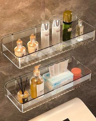 Bathroom White Shelf Rack Wall-mounted Washbasin No-punch Washroom Wall Mounted Cosmetic Storage Transparent Shelf Organiser - Problems Solved