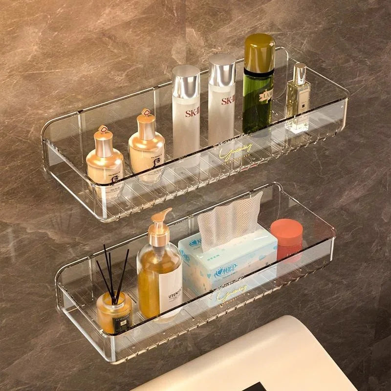 Bathroom White Shelf Rack Wall-mounted Washbasin No-punch Washroom Wall Mounted Cosmetic Storage Transparent Shelf Organiser - Problems Solved