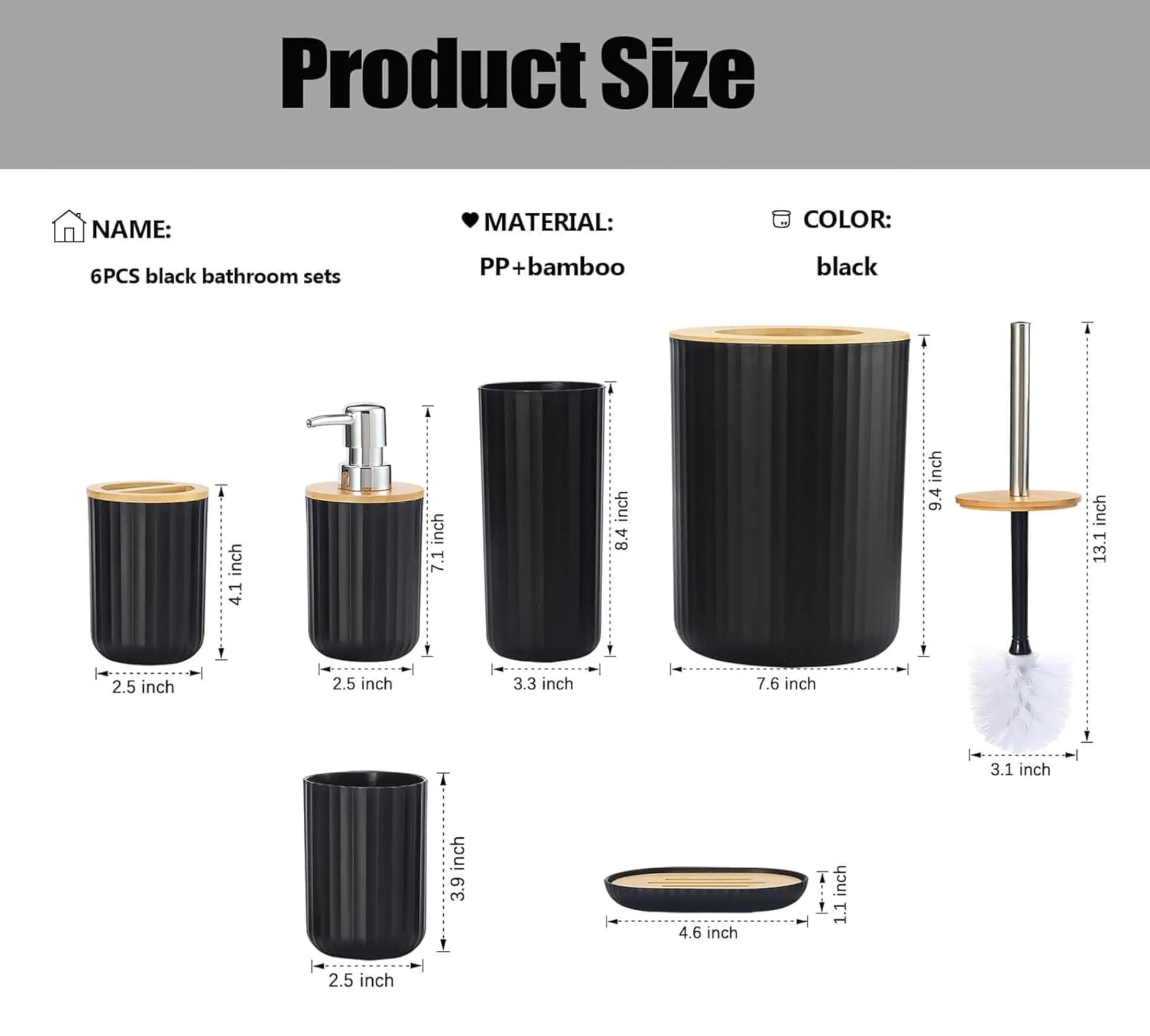 Modern Bathroom Essentials Set/Includes Toothbrush Holder, Waste Bin, Toilet Brush, Cup, Soap Dish and Soap Dispenser - Problems Solved