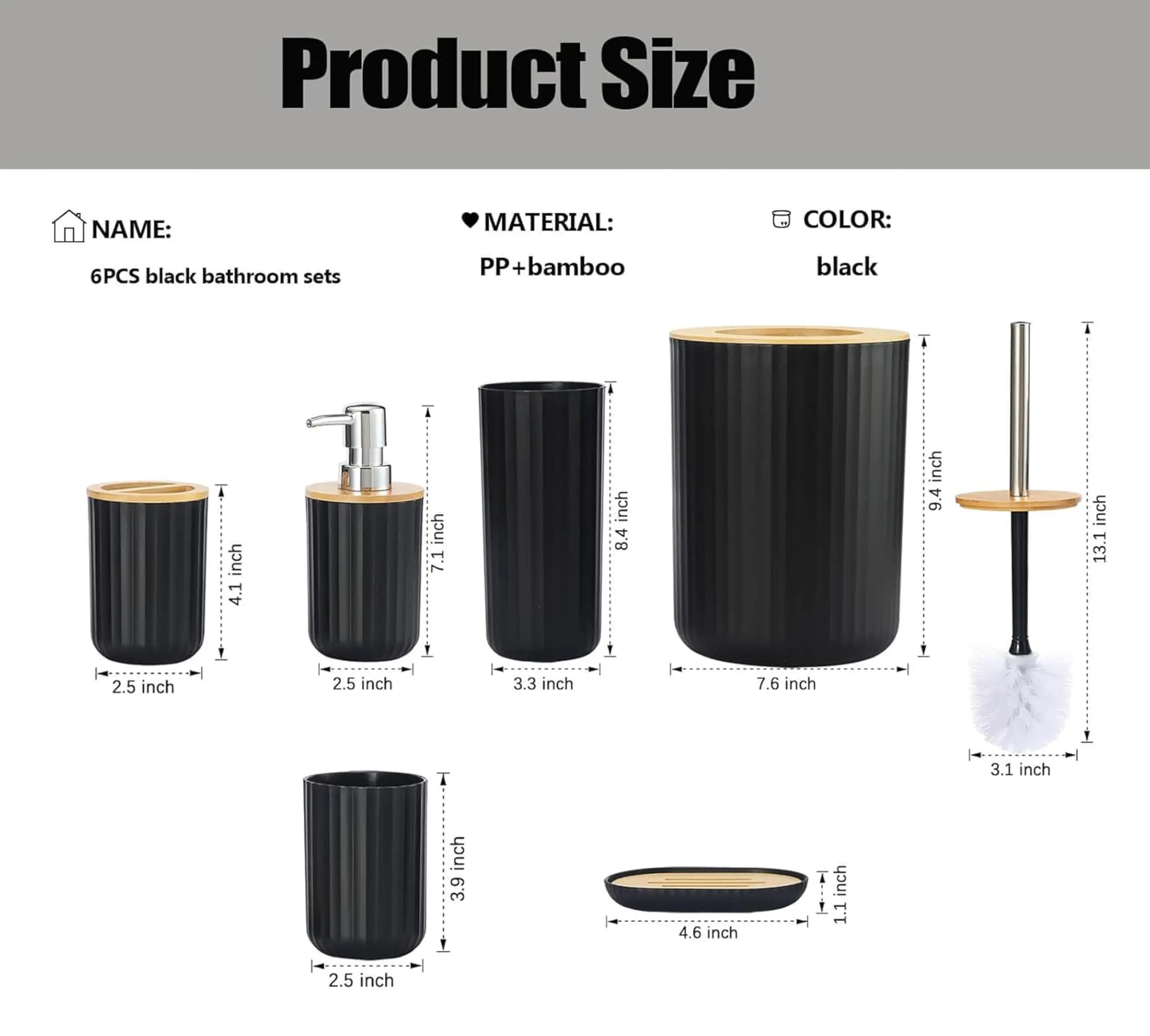 Modern Bathroom Essentials Set/Includes Toothbrush Holder, Waste Bin, Toilet Brush, Cup, Soap Dish and Soap Dispenser - Problems Solved