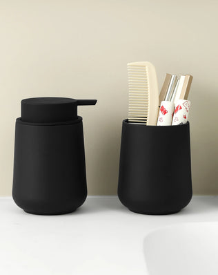 Bathroom Accessory Set - 2-Piece Soap Dispenser and Cup for Bathroom Vanity Decor in Matte Black - Problems Solved