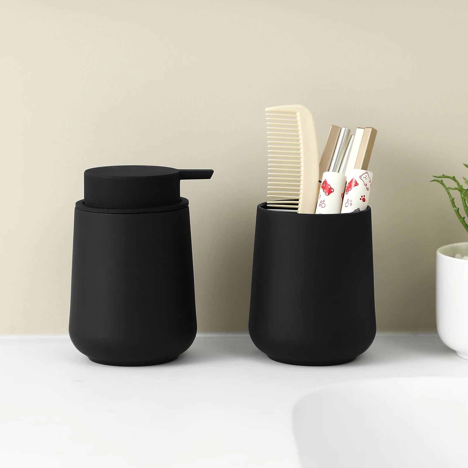 Bathroom Accessory Set - 2-Piece Soap Dispenser and Cup for Bathroom Vanity Decor in Matte Black - Problems Solved