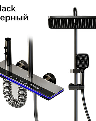 Problems Solved smart bathroom shower system with rainfall showerhead, digital display, temperature mixer, and atmosphere lamp in sleek design.