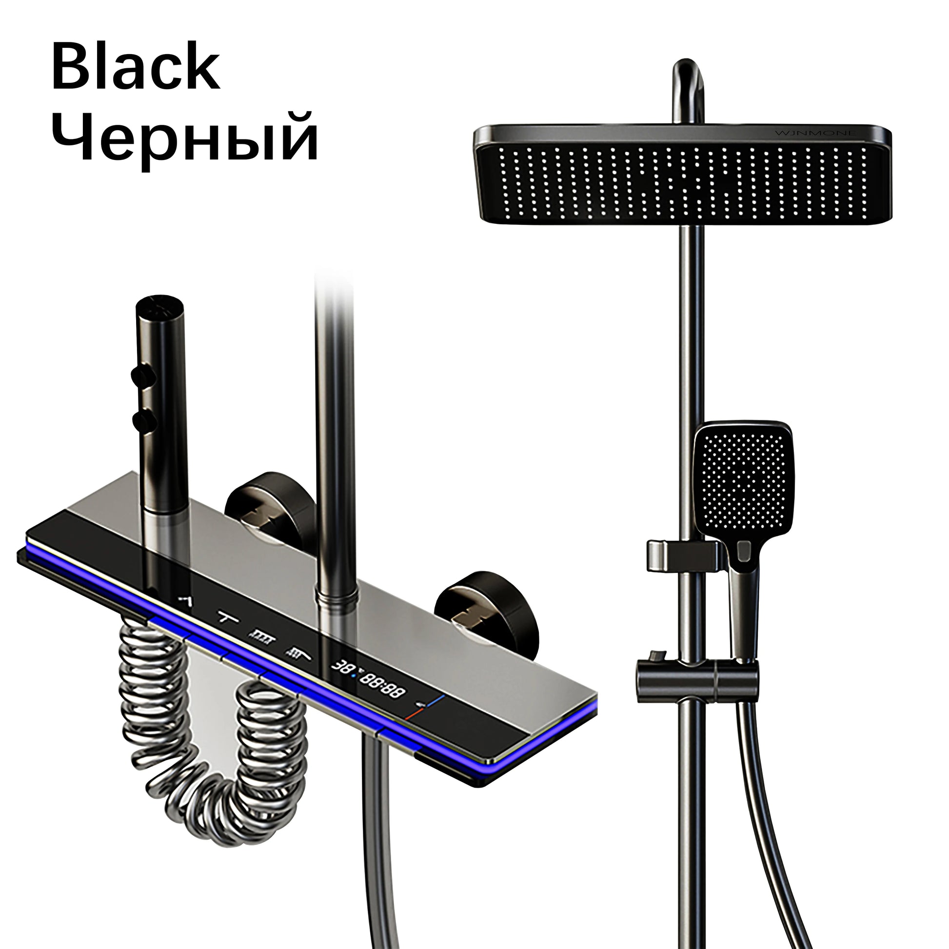 Problems Solved smart bathroom shower system with rainfall showerhead, digital display, temperature mixer, and atmosphere lamp in sleek design.