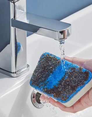 Problems Solved bathroom sponge cleaning brush with long handle, multi-functional tool for scrubbing sinks, tubs, and tiles.