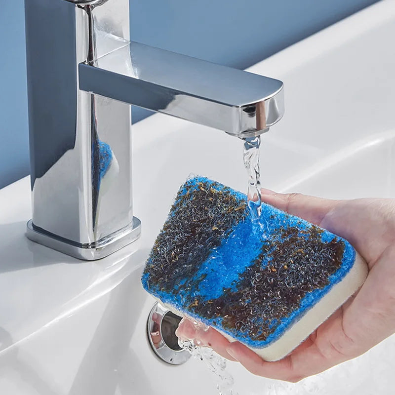 Problems Solved bathroom sponge cleaning brush with long handle, multi-functional tool for scrubbing sinks, tubs, and tiles.