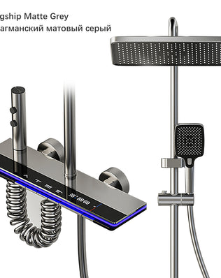 Problems Solved smart bathroom shower system set with rainfall shower, digital display, temperature control, and atmospheric LED lamp.