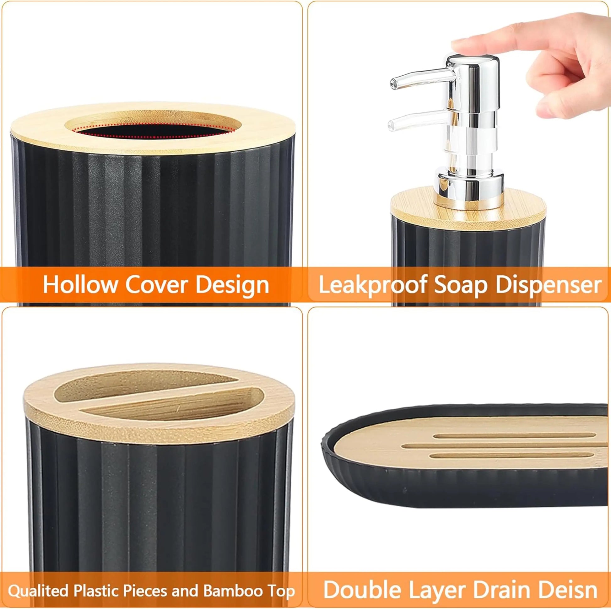 Modern Bathroom Essentials Set/Includes Toothbrush Holder, Waste Bin, Toilet Brush, Cup, Soap Dish and Soap Dispenser - Problems Solved