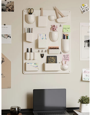 Problems Solved wall holder and organizer for offices, kitchens, or bathrooms with desktop shelf and wall storage rack for various rooms.