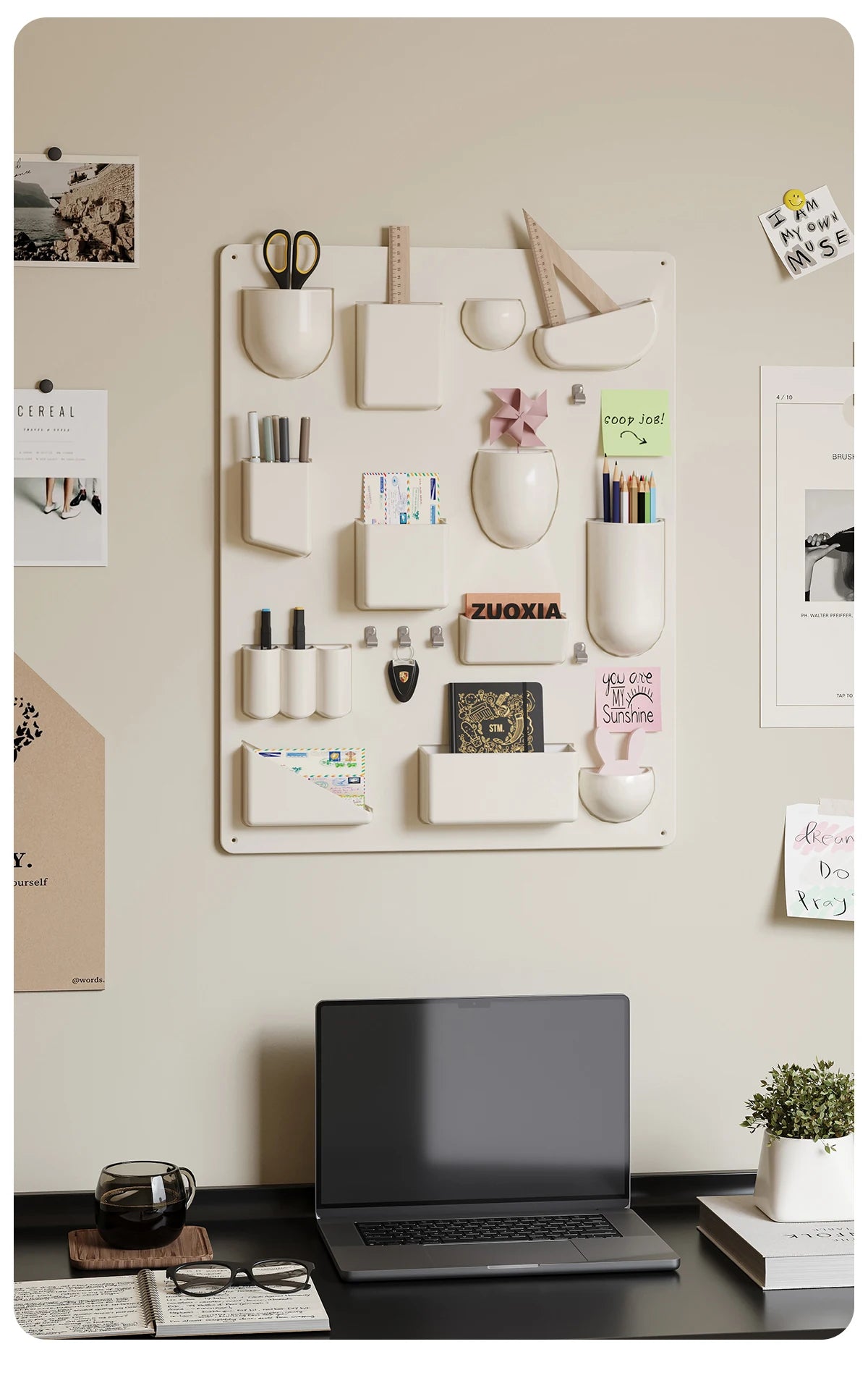 Problems Solved wall holder and organizer for offices, kitchens, or bathrooms with desktop shelf and wall storage rack for various rooms.